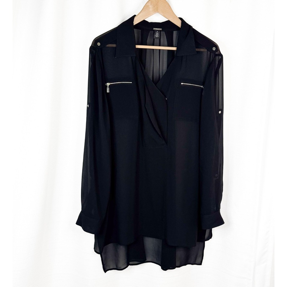 Chico's Black Label Blouse Size 3 XL Black Sheer Zip Pocket Roll Tab Tunic EUC